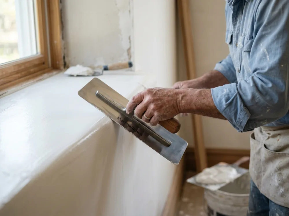 Vakman brengt stucwerk aan met een spaan