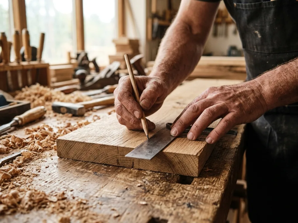 Timmerman meet een eiken plank af