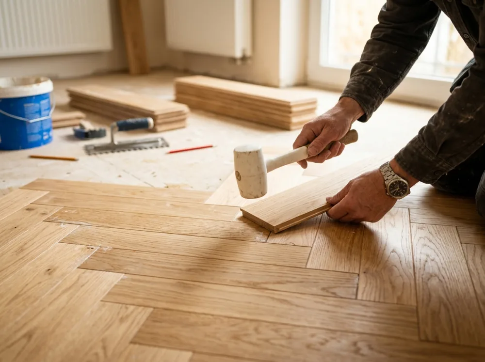 Eiken visgraatvloer wordt gelegd